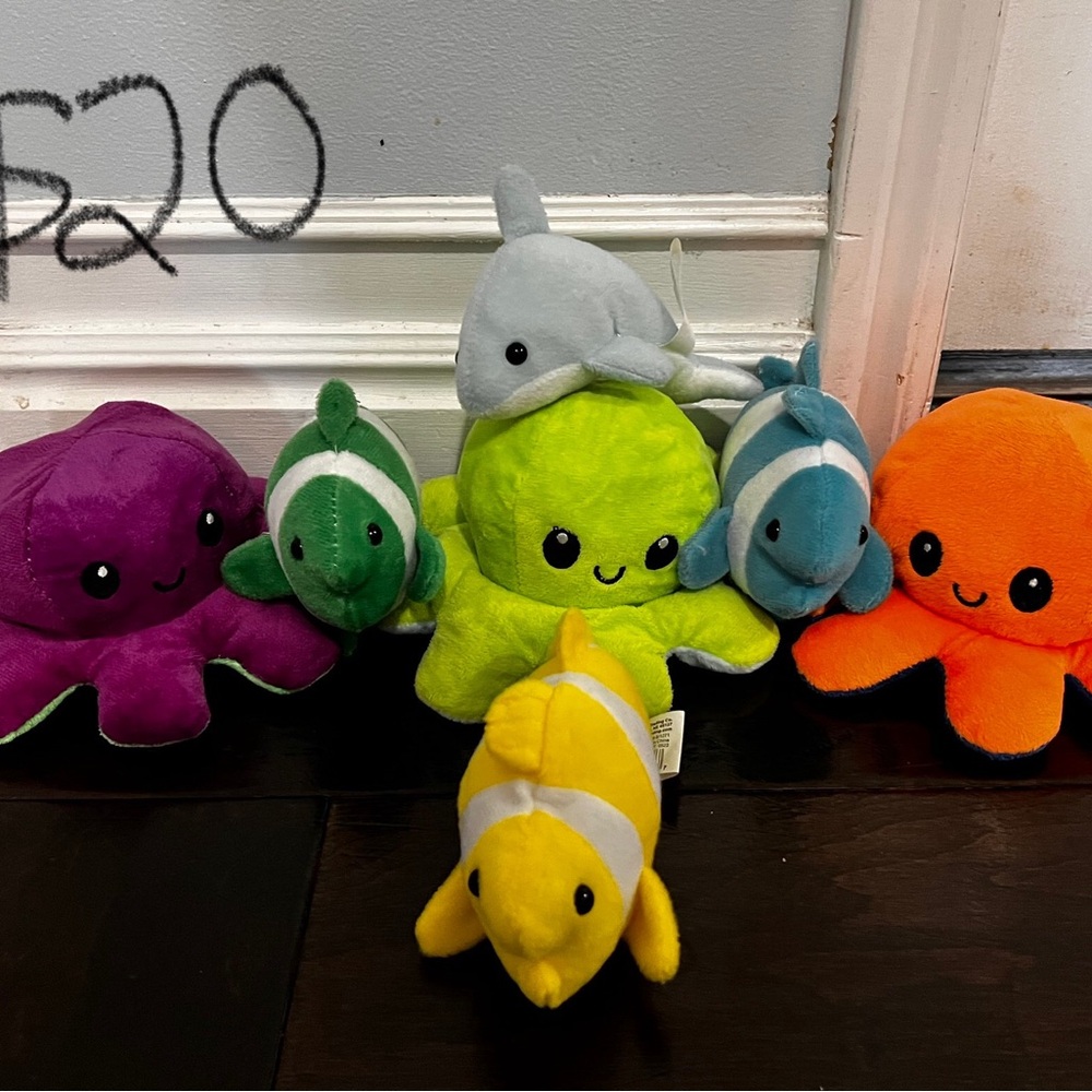 Colorful Plush Sea Animal Set including two reversible octopus